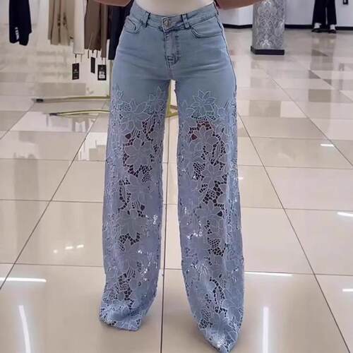 Lace Spliced High Waist Zipper Fly Wide Leg Washed Jeans