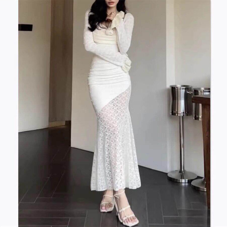 纯欲辣妹性感蕾丝方领长袖连衣裙女早春季气质名媛收腰包臀鱼尾裙