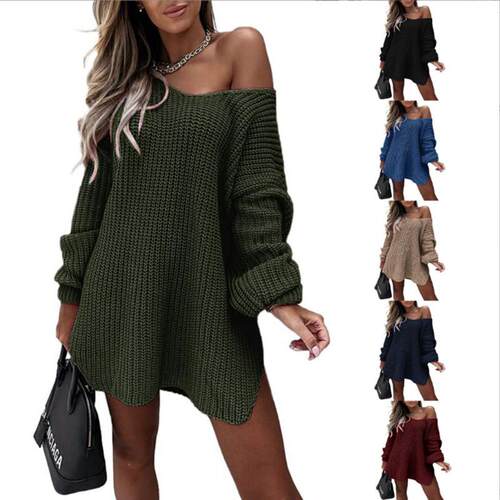 【Plus Size】 Women'S Solid Color Sweater Dress, Casual Comf