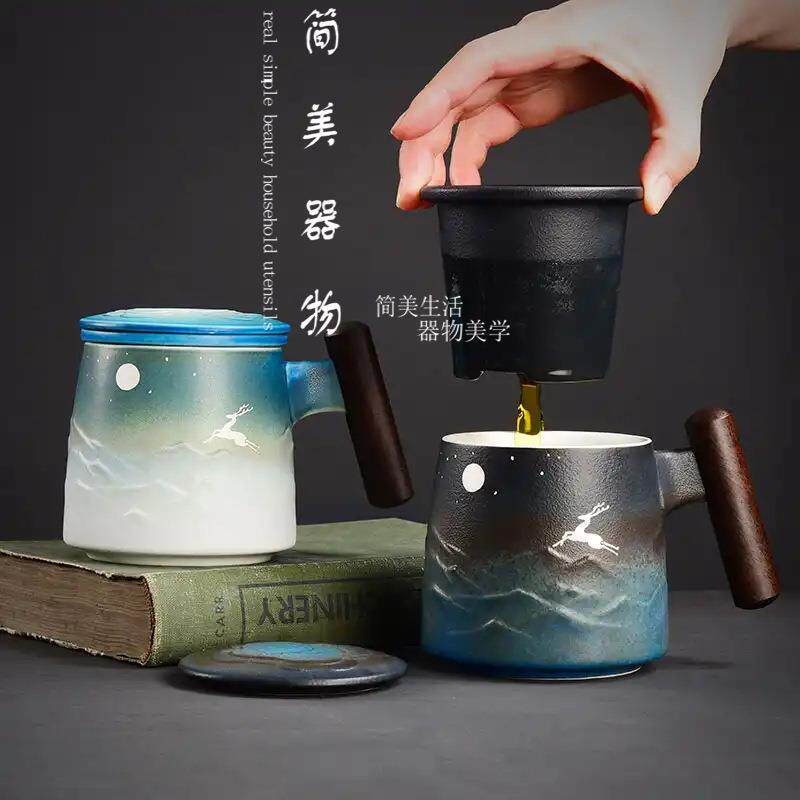 粗陶窑变马克杯带盖过滤泡茶杯大号黑檀木柄商务杯陶瓷办公杯