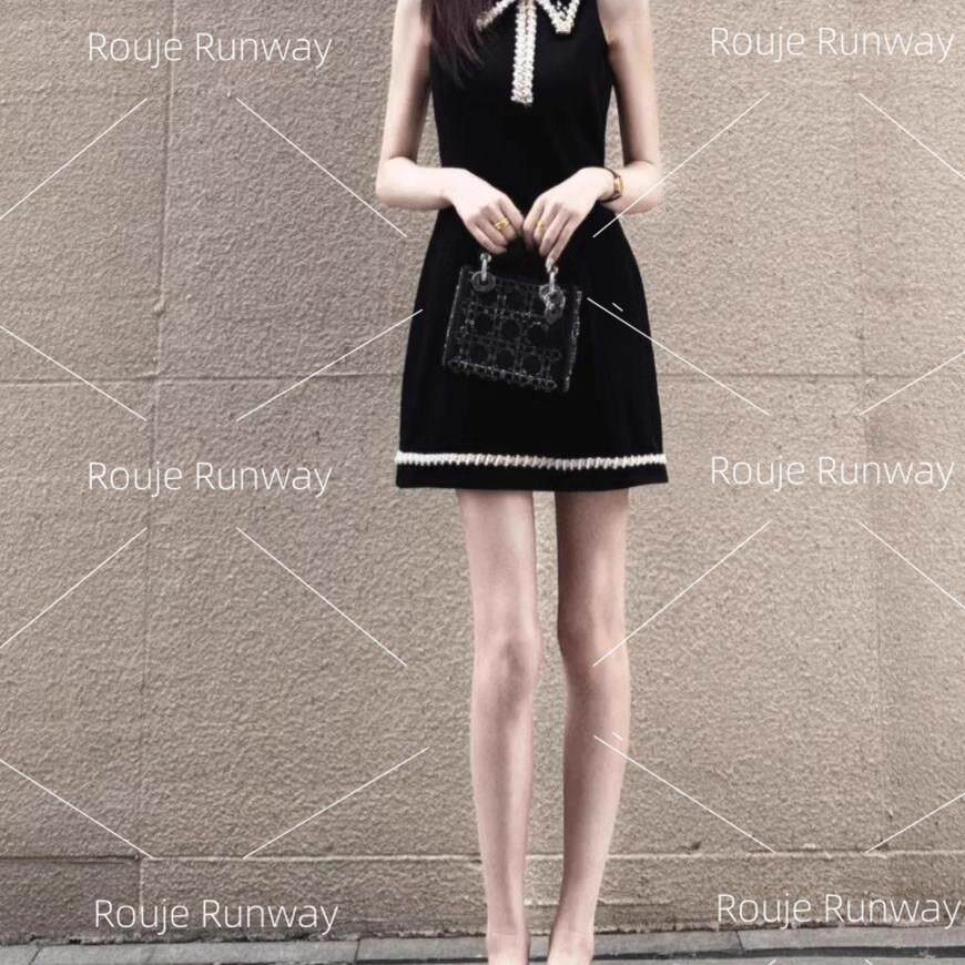 法式Rouje Runway黑色无袖洋装女夏设计感小香风气质a字短裙子