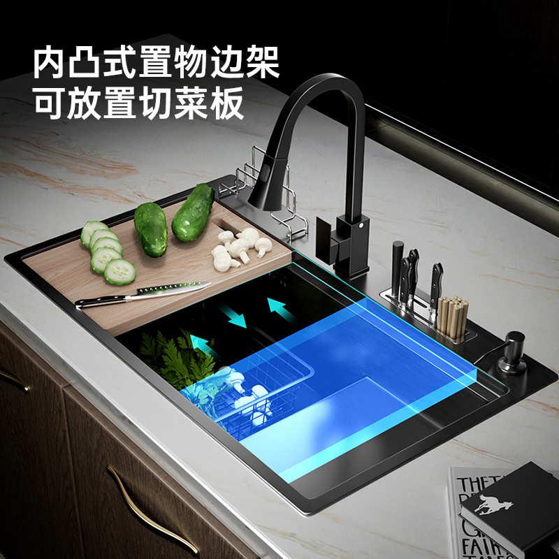 单水槽洗菜槽手工304阶梯式洗碗池台阶纳米盆厨房不锈钢高低加厚