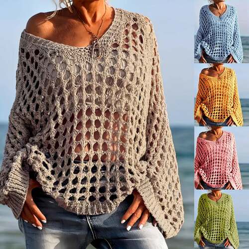 Women's Casual Loose-Fit V Neck Top  Hollow Out Design
