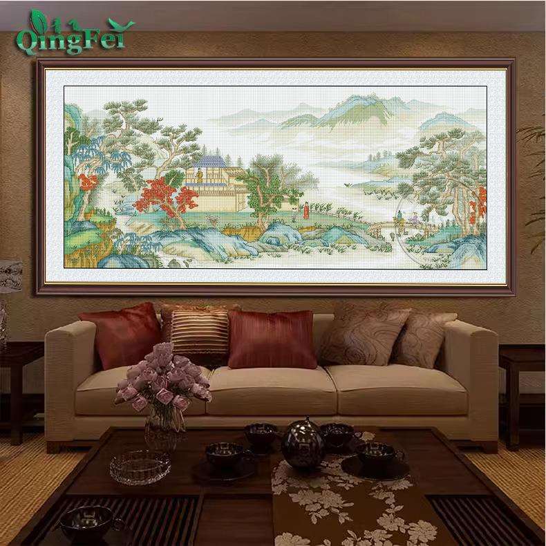 青飞精准印布十字绣友客厅卧室新中式风景山水画刺绣非成品
