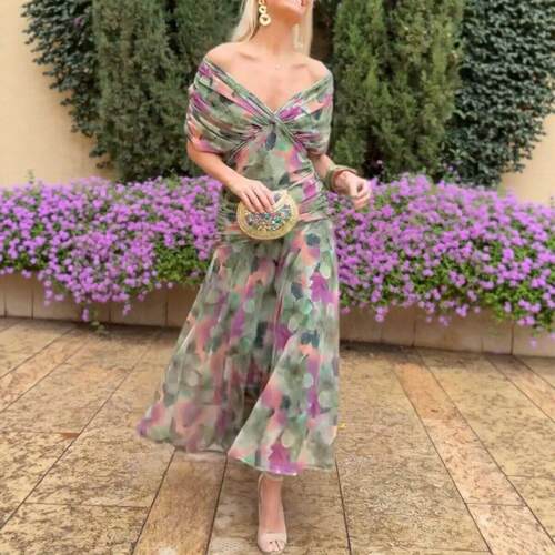 Printed V-neck mesh dress, mid length skirt