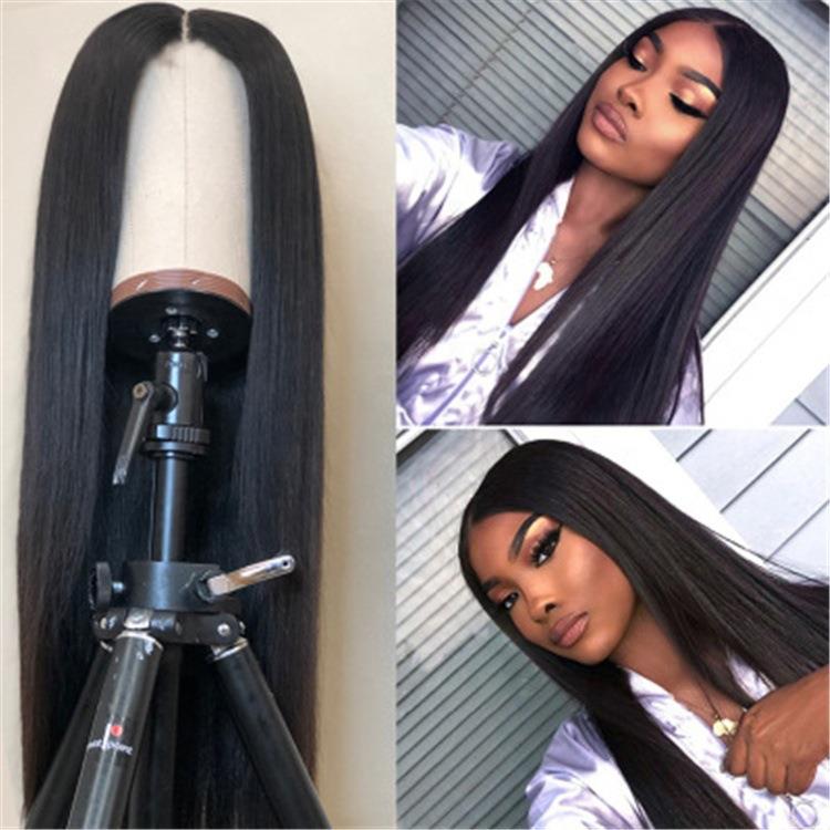 新款直销欧美假发 前蕾丝化纤头套 wigs 黑色女士化纤中分长直发