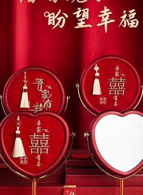 结婚用品新娘女方陪嫁喜镜婚庆物品大全红色镜子一对嫁妆备婚金小