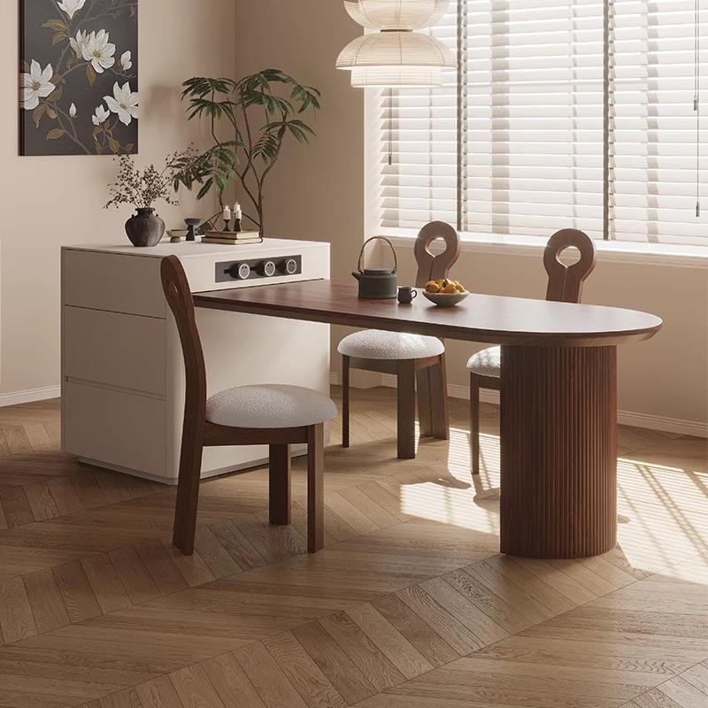 中古风岩板岛台加餐桌一体家用可伸缩胡桃色餐厅全实木多功能倒台