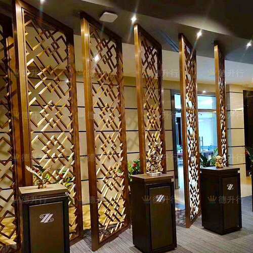 酒店售楼处金属屏风客厅玄关新中式镂空隔断玫瑰金不锈钢屏风隔断