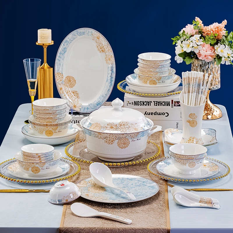 景德镇陶瓷餐具套装70头 酒店餐厅彩绘日用餐厨饮具 工厂现货批发