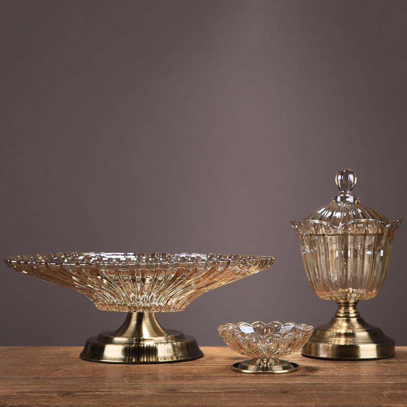 正品式璃大果干果盘糖果盘水果盘餐桌摆设美式欧家用茶玻几盘摆设