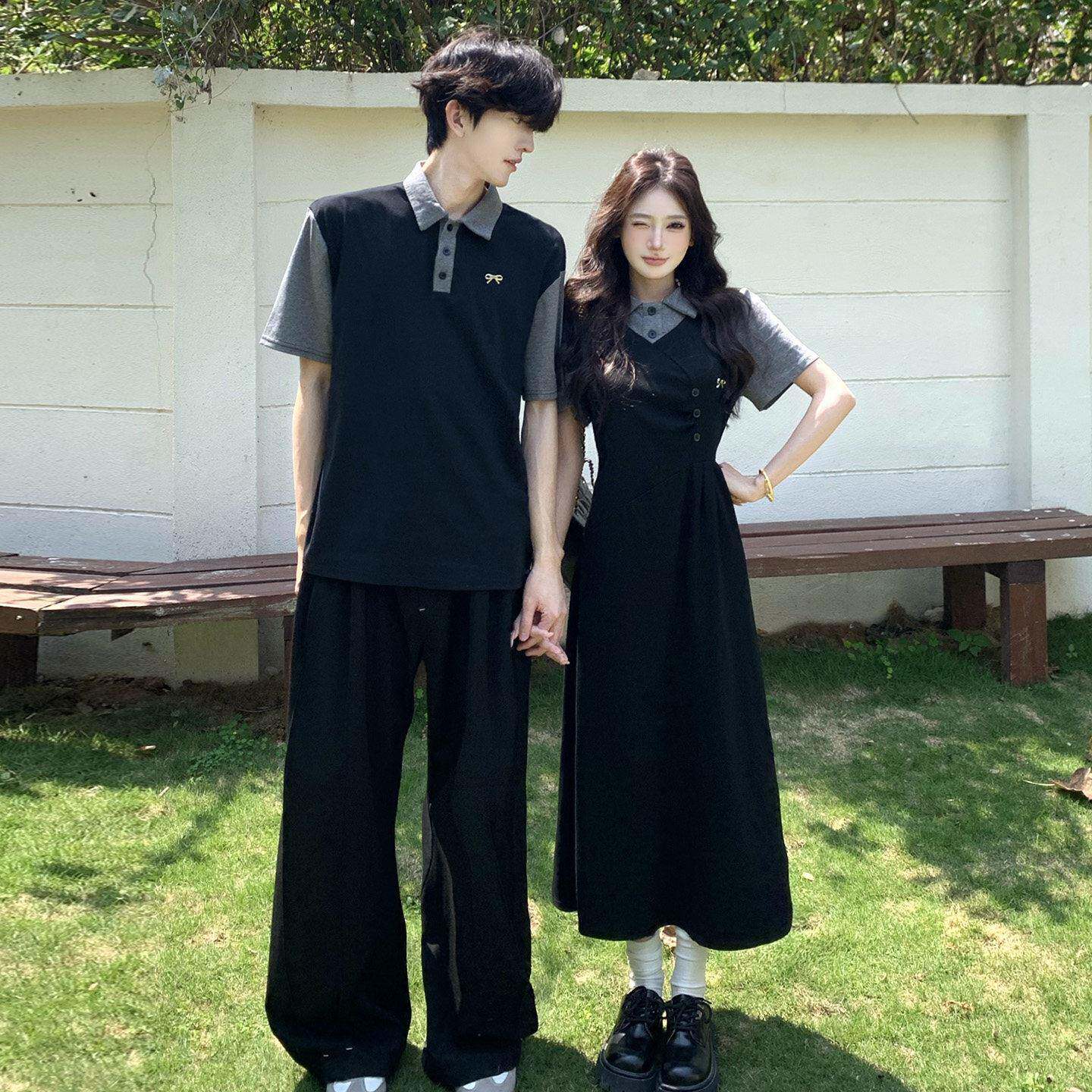 情侣装一衣一裙学院风拼色假两件洋装女夏季收腰显瘦polo长裙子