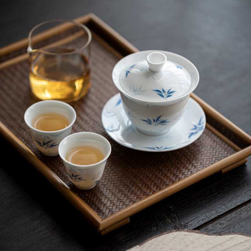玉泥手绘竹叶三才盖碗陶瓷釉下彩薄胎家用泡茶碗茶杯白瓷功夫茶具