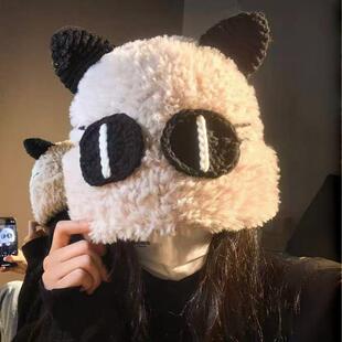 潮酷可爱大眼猫咪毛绒帽子女冬季新款加厚保暖防寒护耳帽针织盆帽