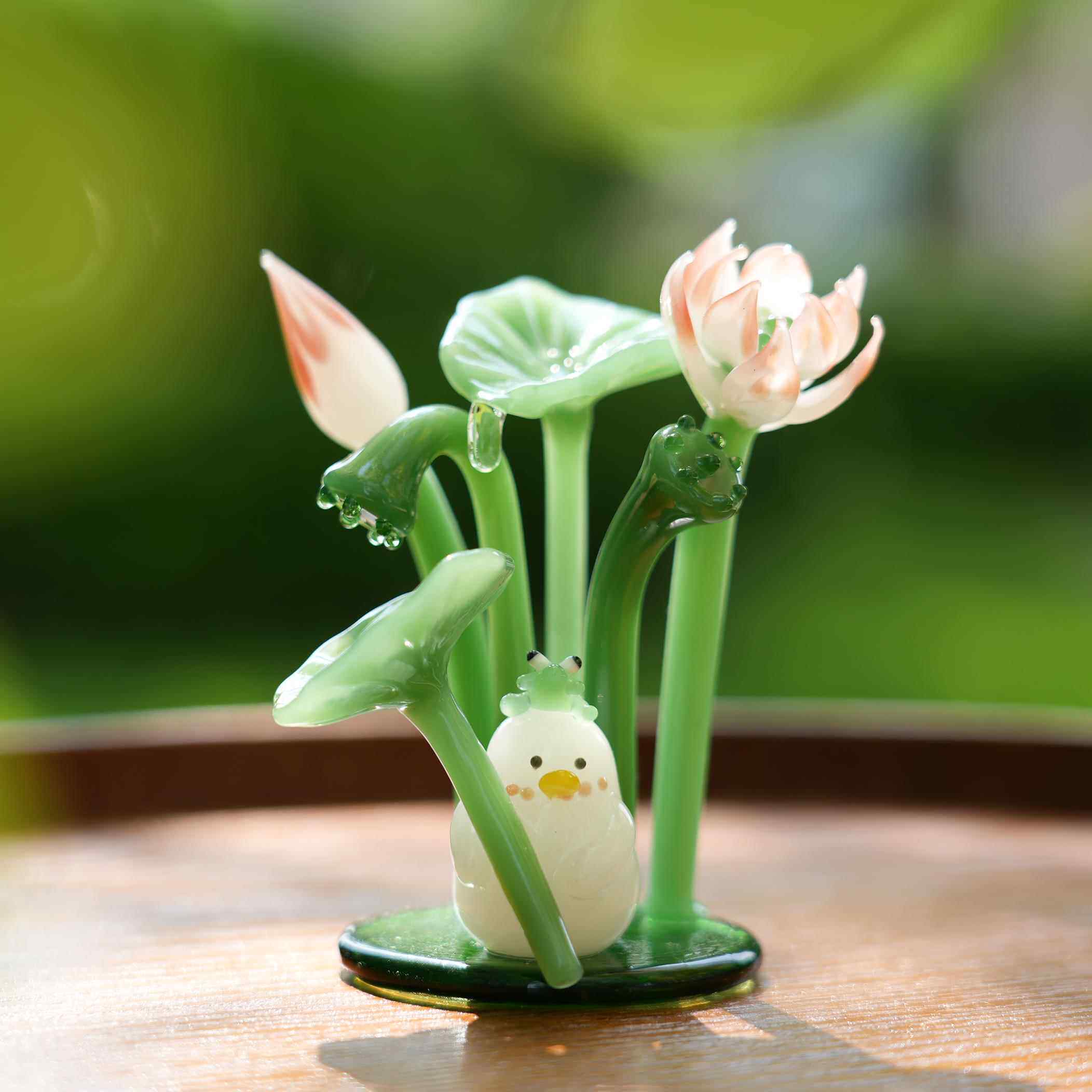 淄博琉璃手工艺品夏日荷花鸭桌面摆件仿真莲花装饰品治愈生日礼物