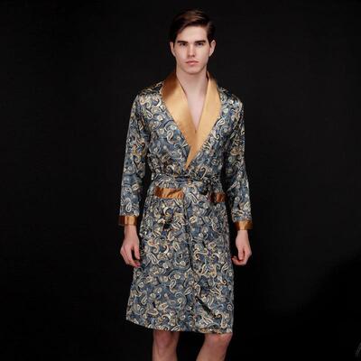 Men's silk sleepwear, mid to long length home ice silk