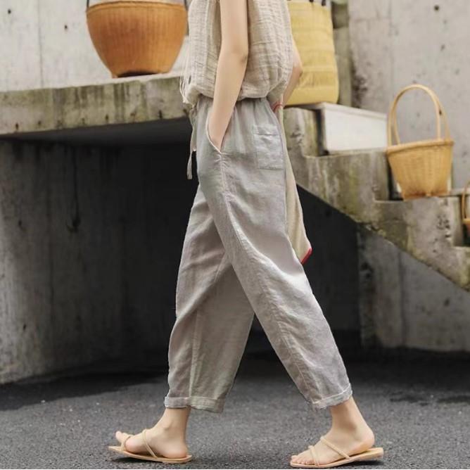 Cotton and linen solid color pocket drawstring trousers