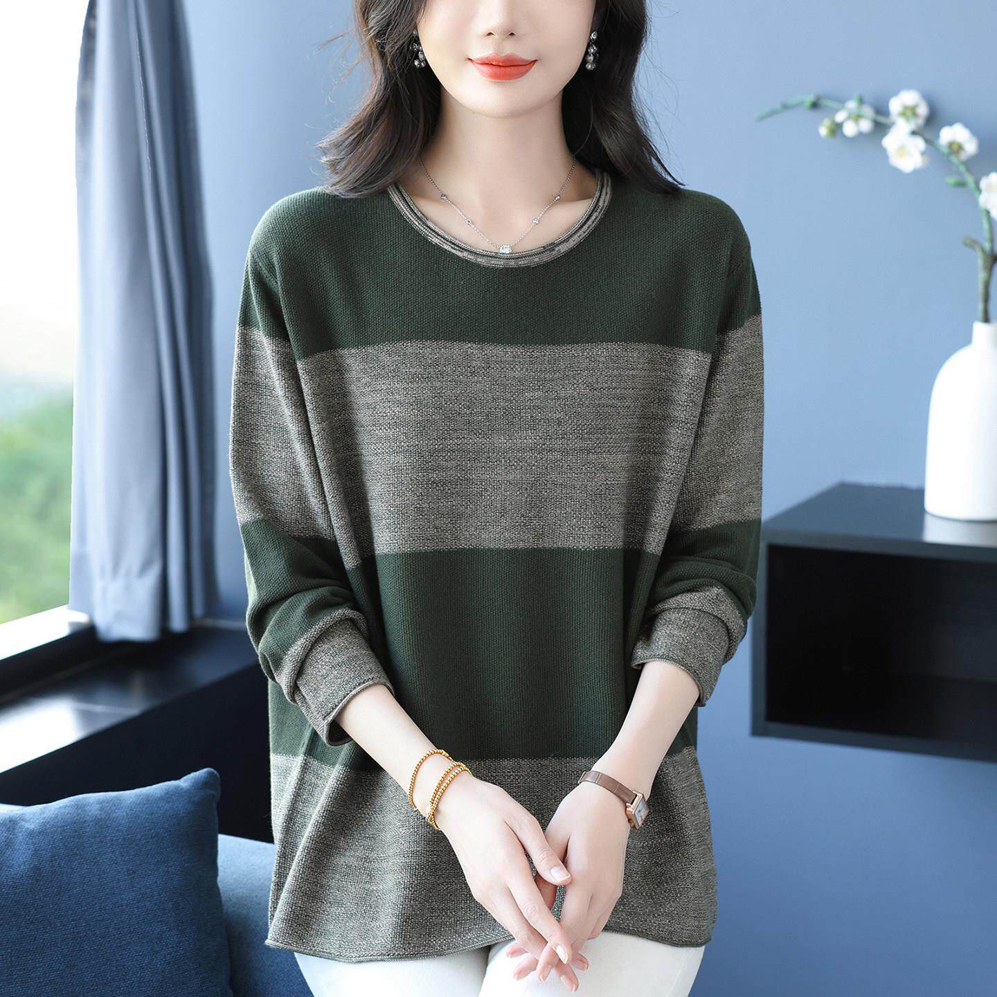 特大码春秋休闲条纹针织衫女圆领长袖宽松洋气妈妈装遮肚显瘦上衣