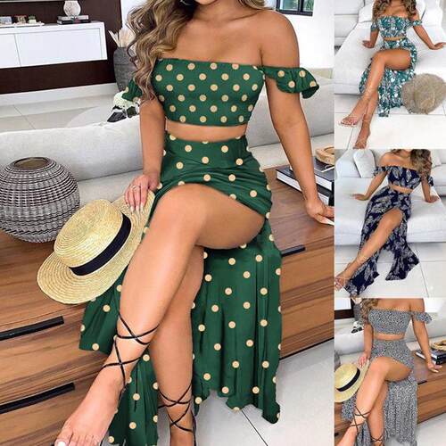Printed mid length off shoulder one neck top with slit