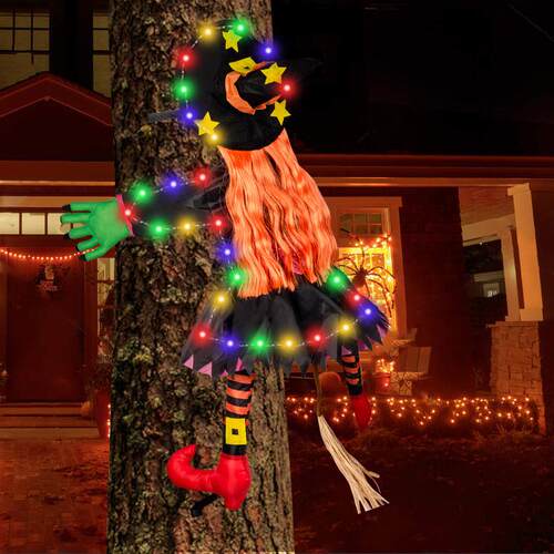 跨境万圣节女巫巫婆鬼发光抱树装饰七彩灯调节绑绳蝴蝶结橘发星星