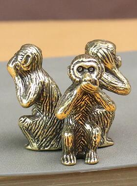 实心铜三不猴摆件铜猴子不看不说不听镇纸茶宠家居饰品黄铜办公室