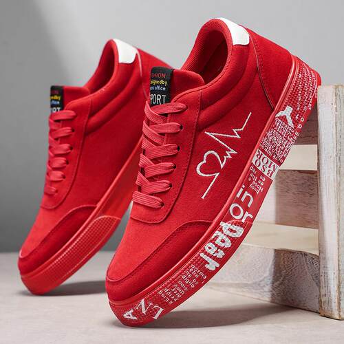 Ladies Red Casual Sneakers  Heart Print - Soft Sole