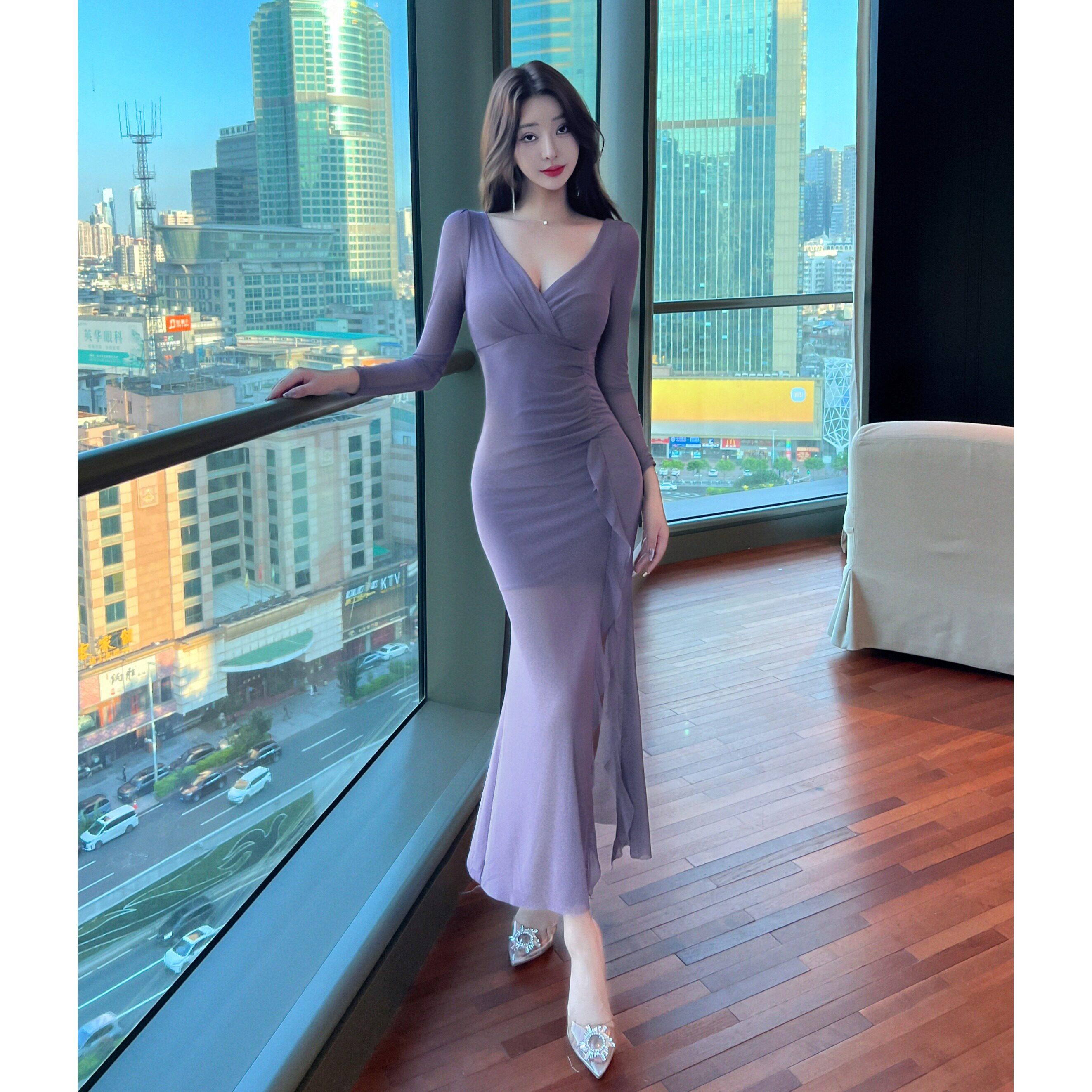 长袖包臀礼服性感连衣裙御姐轻熟辣妹领低胸开叉网纱长裙夜场服