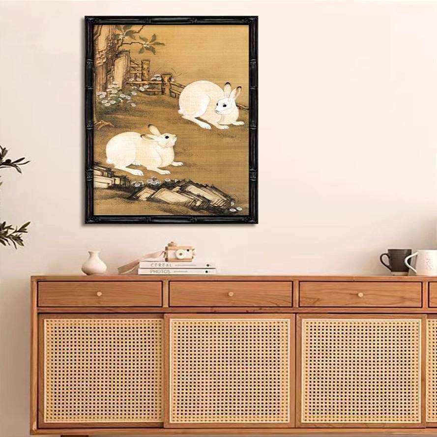 新中式古风客厅装饰画餐厅书房茶室挂画梧桐双兔图玄关画动物壁画