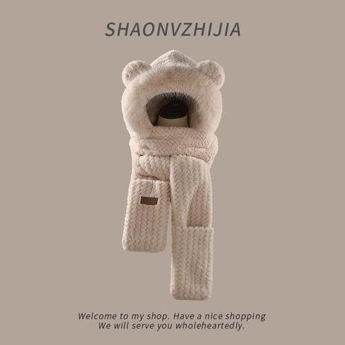 日式精工MUJIE2024新款小熊耳朵毛绒帽子围巾一体女冬季骑行加厚