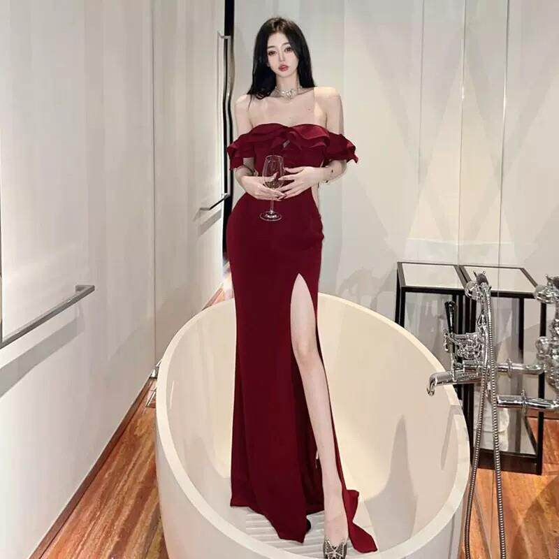 高开叉长裙设计感小众到脚踝超长款晚礼服辣妹抹胸一字肩洋装女