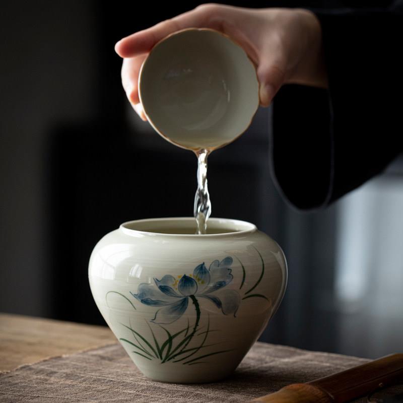 草木灰建水茶洗高端陶瓷茶渣缸手绘茶水盂桌面倒茶废水缸功夫配件