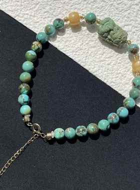 天然高瓷绿松石手链扎基拉姆手串珠链18k金配饰 15.2×9.8×8mm