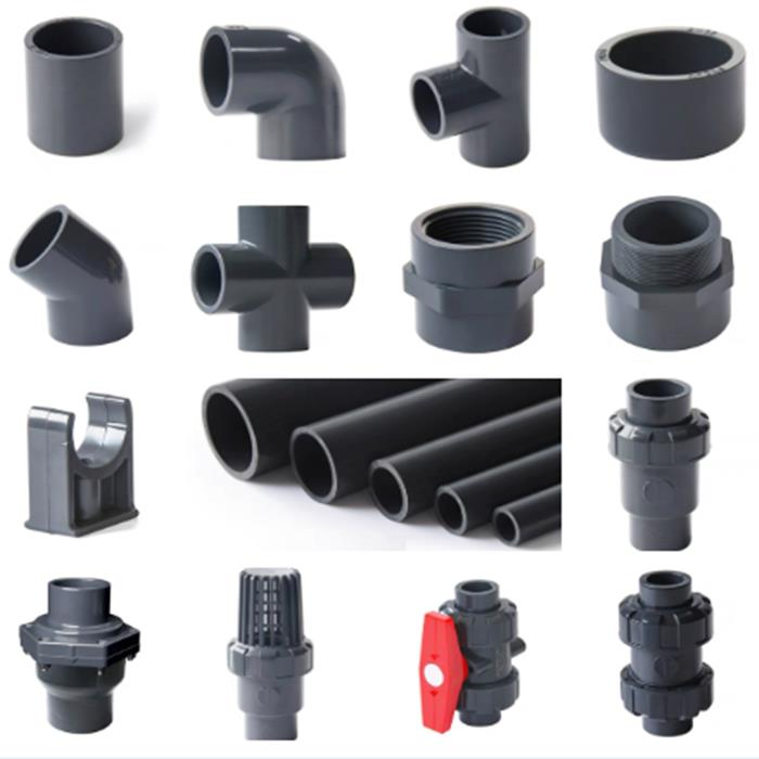 PVC深灰色给水管材工业级PVC管配件化工用PVC管件四通弯头三通管图片