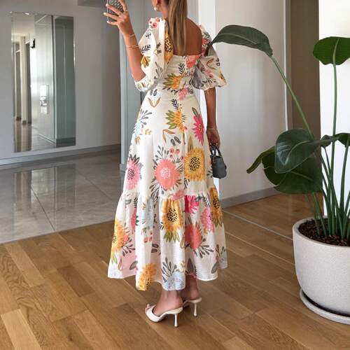 Women's one-piece neck printed bubble short sleeved dress