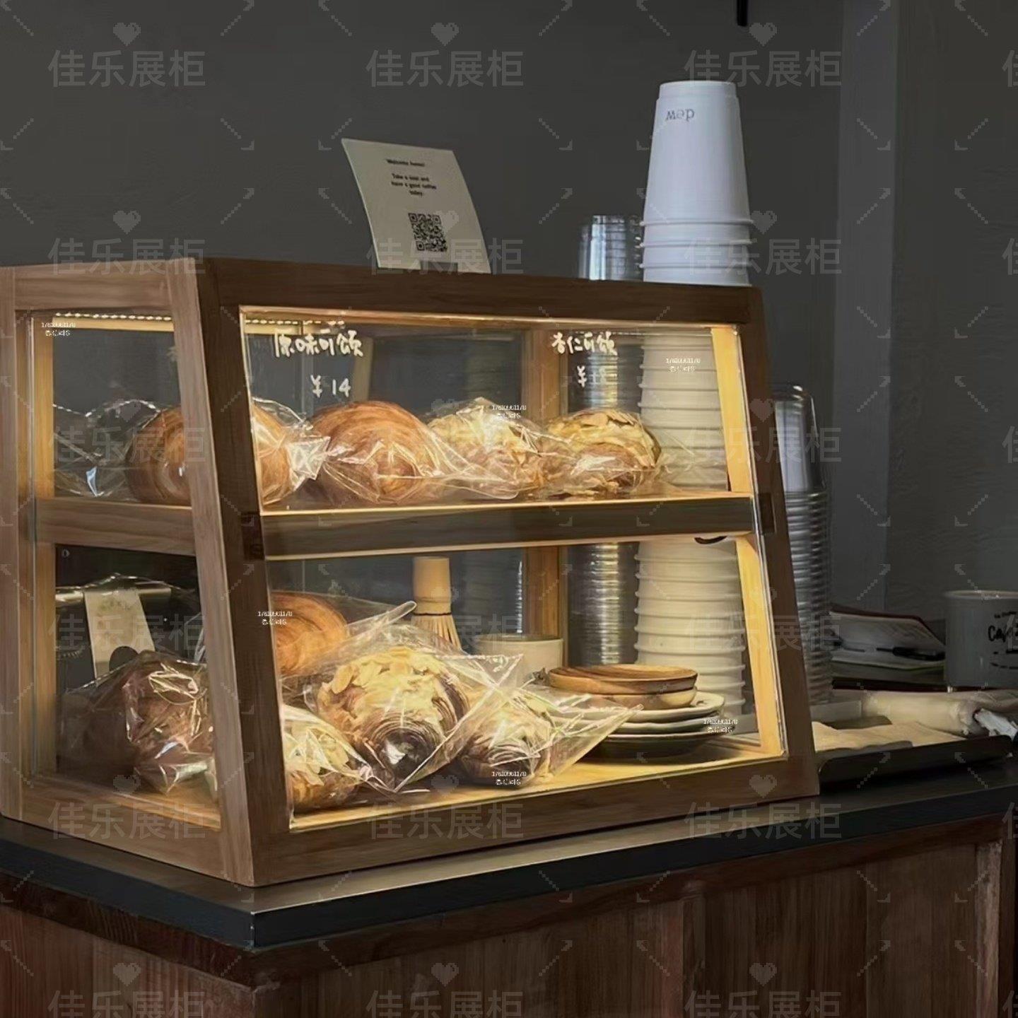 田园风格实木面包柜适用于咖啡店吧台的小型玻璃展示柜 烘焙蛋糕