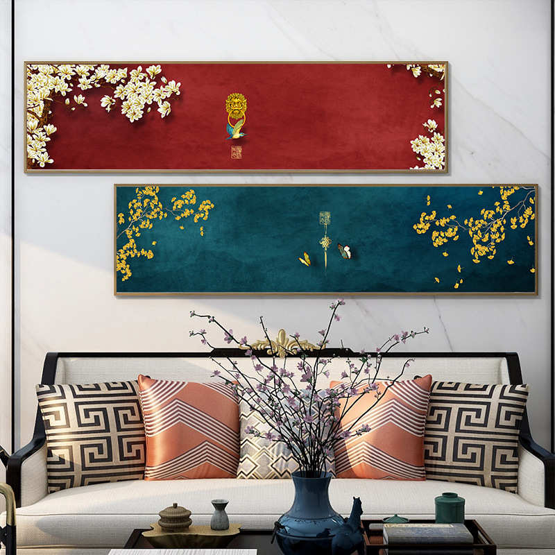 新蓝红装饰画背景墙壁国风沙发中卧室挂画客厅床头画画古建筑中式图片