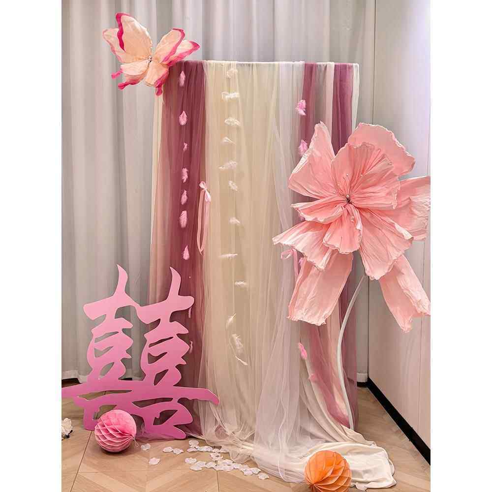 粉色婚房装饰布置晨袍拍照背景纱幔羽毛kt板喜字褶皱花高级感超仙,节庆用品/礼品,婚房布置套装,淘宝优惠券,粉丝福利购,淘宝优惠卷