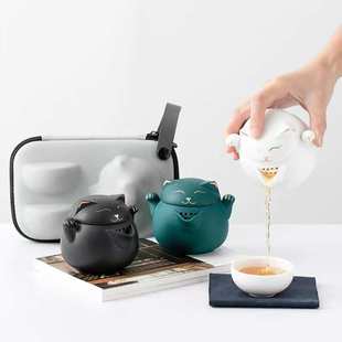 户外旅游露营一壶二杯泡茶壶快客杯伴礼 招财猫便携旅行茶具小套装