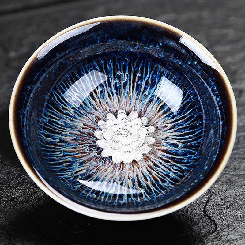 手工陶瓷茶杯 天目釉建盏个人专用功夫茶杯 中式风格百花建盏银龙