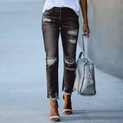 Women's Stretchy Ripped Cropped Jeans - Street Style, Mid-Ri