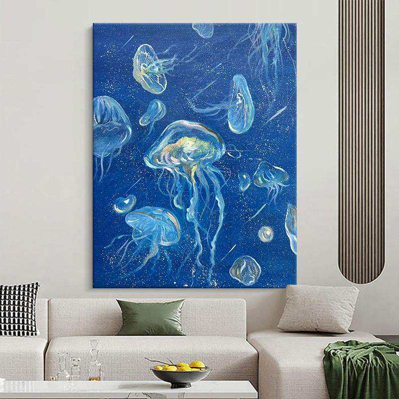 小众艺术水母肌理纯手绘油画蓝色客厅装饰画海洋玄关挂画动物壁画