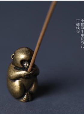 纯黄铜实心小猴子线香插香炉摆件迷你摆设茶宠茶玩手把件摆件