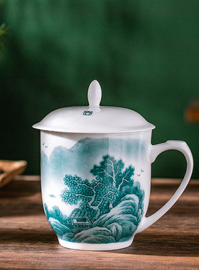 重工山水毛瓷茶杯国家级大师刘培竹带盖主人杯茶杯茶具高端送礼