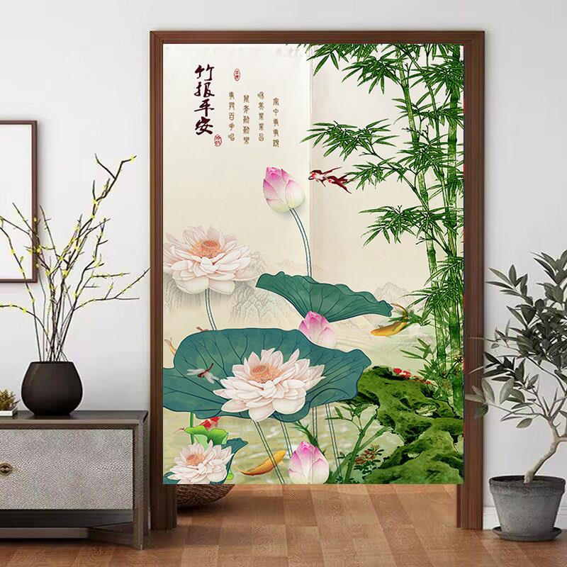 新中式竹报平安布艺门帘家用卧室玄关装饰半帘厨房卫生间隔断挂帘