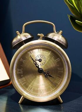 纯铜黄铜覆古拉丝老式机械发条闹钟上弦钟表风水铜闹钟座钟摆件