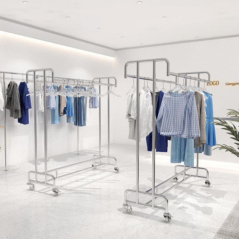 服装店不锈钢落地展示架双杆双杠挂衣架晾衣架中岛架男女装陈列架