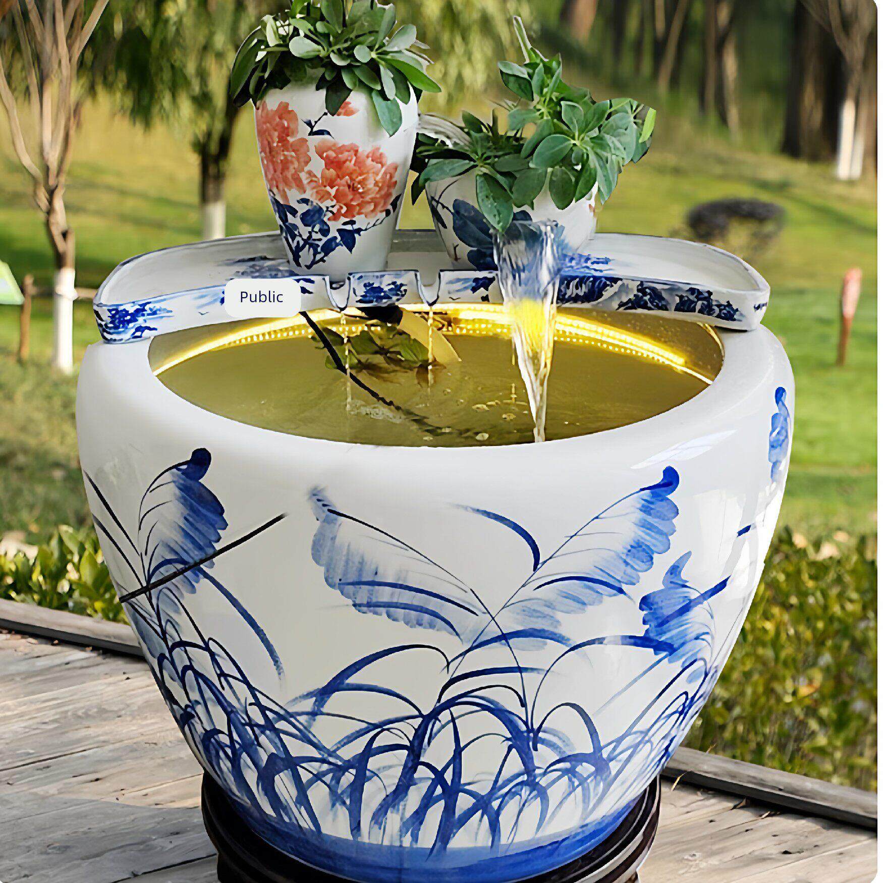景德镇流水瀑布陶罐流水盆古法缸养鱼循环鱼缸鱼池循环水过滤摆件