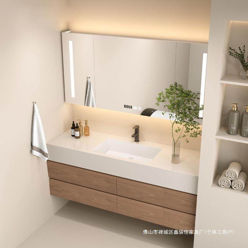 高端岩板一体盆浴室柜原木色组合无缝盆卫生间洗手洗脸洗漱台橙色