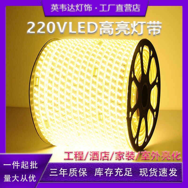 家用户外防水led灯带条超高亮白光灯带室外外墙工地隧道照明220V