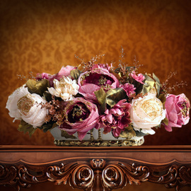 欧式宫廷牡丹仿真花艺套装摆件，美式玫瑰装饰假花客厅，餐桌玄关摆设